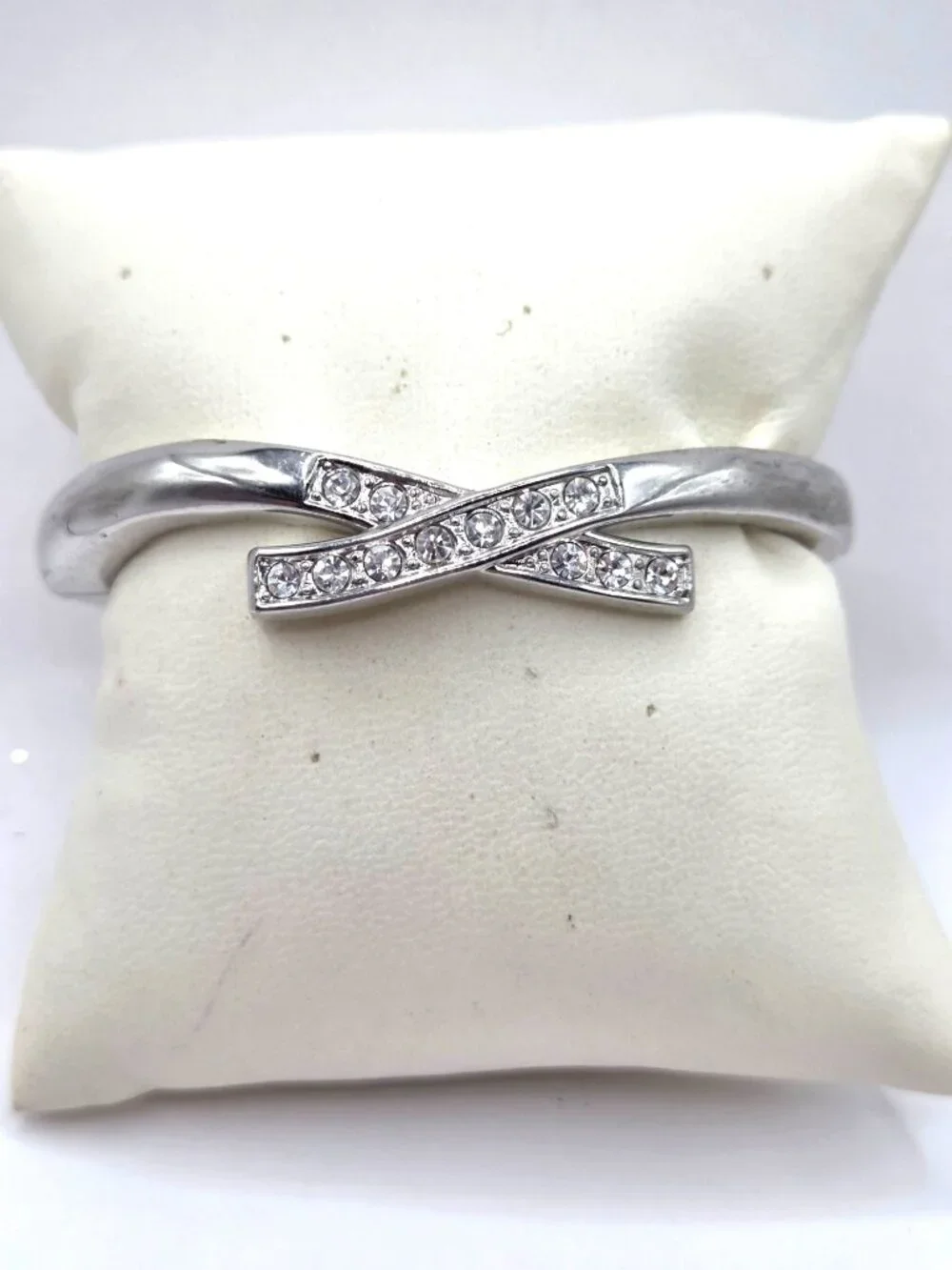 Crystal-Accented Silver-Tone Hinged Bangle Bracelet With X Design